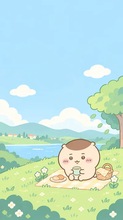 Cute Kurimanju having a picnic on a green hill for Phone Wallpaper