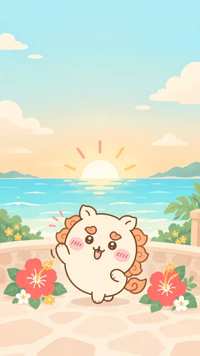 Cute Shisa waving on a tropical beach with sunset for Phone Wallpaper