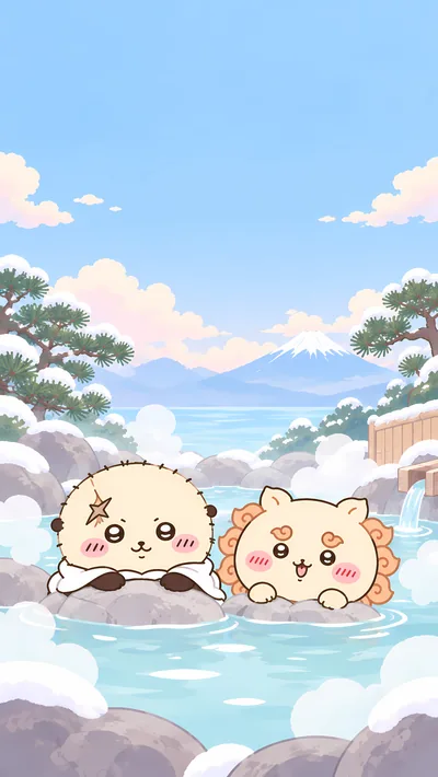 Rakko and Shisa relaxing in a snowy hot spring for Phone 4K Image