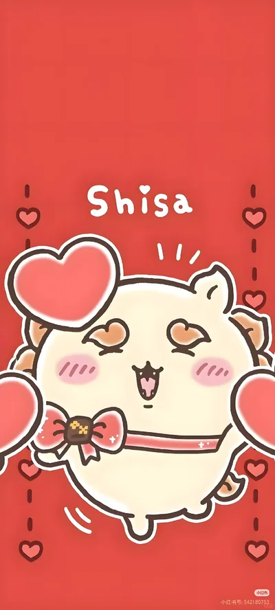Cute Shisa smiling with love hearts on red background for Phone Background