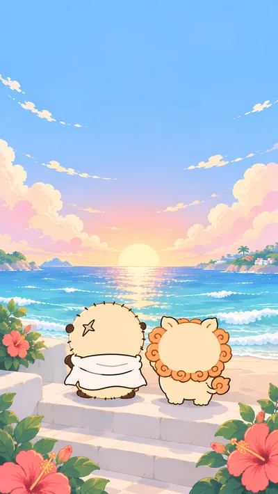 Rakko and Shisa watching the ocean sunset on the beach for Phone Background