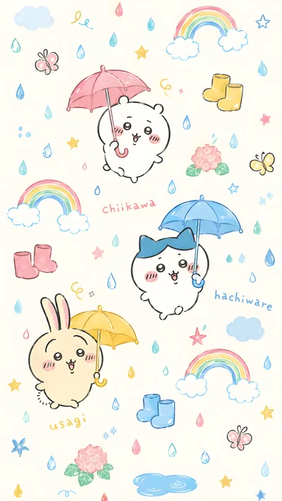 吉伊卡哇、小八與烏薩奇在彩虹雨天撐傘的可愛插圖手機高畫質桌布