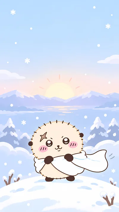 Rakko wearing a white cape in winter snow sunrise for Phone Wallpaper