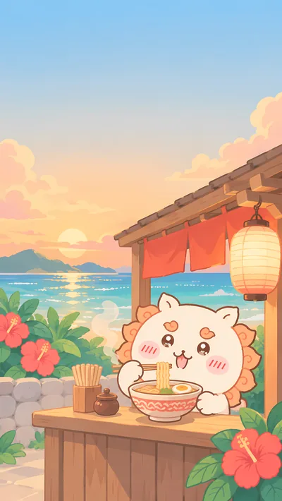 Shisa eating ramen at a sunset beach food stall for Phone Wallpaper