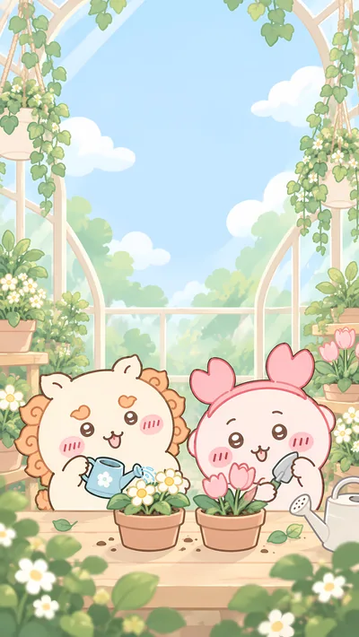 獅薩與古本在陽光溫室花房裡快樂園藝澆水種植的可愛手機高畫質桌布