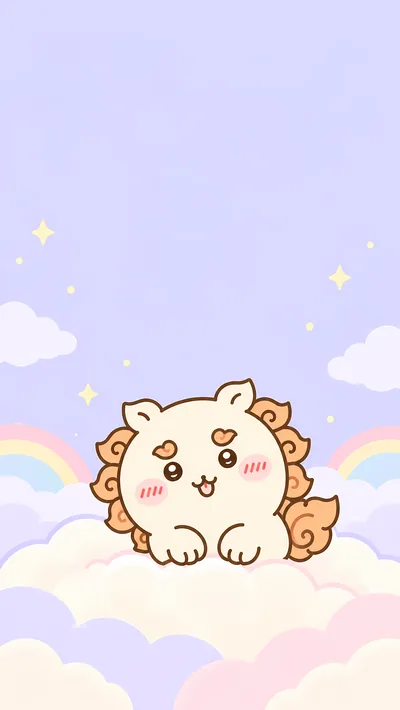 可愛卡通角色獅薩趴在粉紫色星空與彩虹雲朵的手機高畫質桌布
