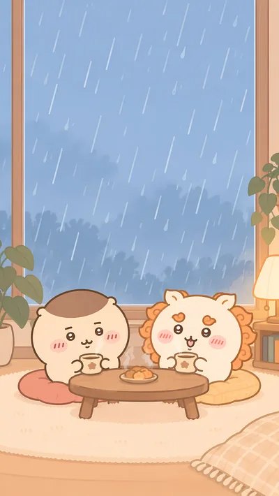 Cozy rainy day with Kurimanju and Shisa drinking hot tea for Phone Background
