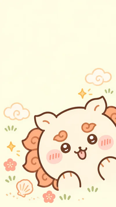 Cute Shisa peeking with flowers and shells for Phone Wallpaper