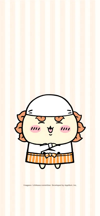 Cute Shisa in chef uniform smiling on striped background for Phone Wallpaper