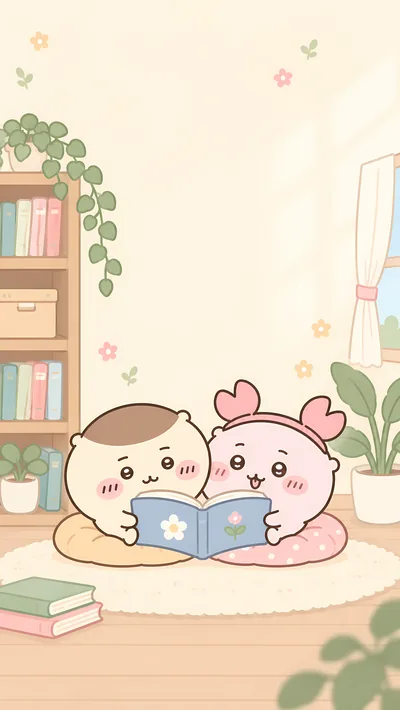 吉伊卡哇角色栗子饅頭與古本在溫馨房間裡一起看書的可愛手機桌布