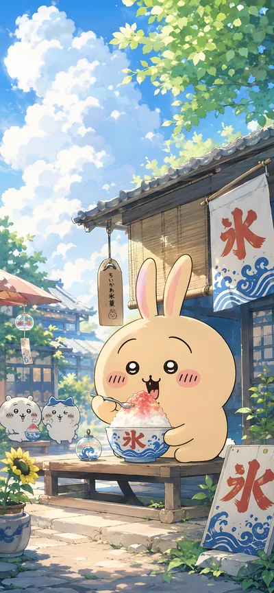 烏薩奇、吉伊卡哇與小八在夏日晴空下吃著美味刨冰的手機高畫質桌布