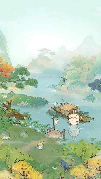 烏薩奇置身於唯美煙雨江南山水畫與古典遊船之中的手機高畫質桌布