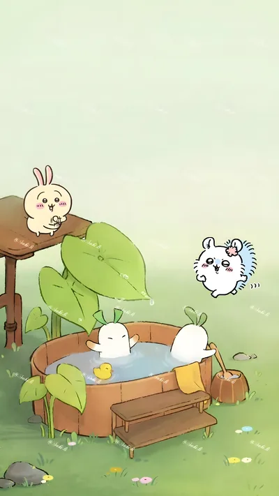 烏薩奇與小桃在綠色草地上開心享受戶外木桶泡澡與溫泉的可愛手機桌布