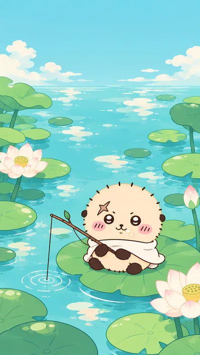 Cute Rakko from Chiikawa fishing on a lotus leaf in a pond for Phone Wallpaper
