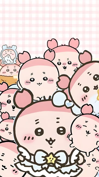Cute Furuhonya group on pink plaid background for Phone Wallpaper