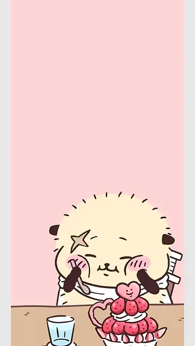 Cute Rakko happily eating a sweet strawberry dessert for Phone 4K Image