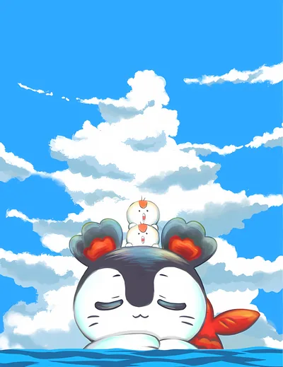 Siren from Chiikawa floating in the sea under a blue sky for Phone Wallpaper