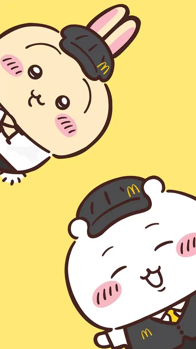 穿著麥當勞工作服的可愛吉伊卡哇與烏薩奇黃色背景的設計手機桌布