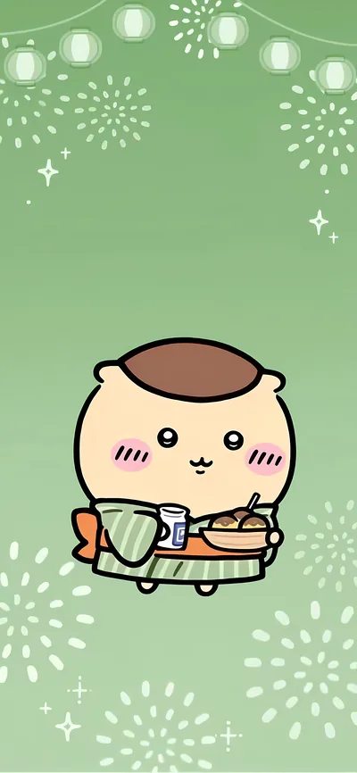 吉伊卡哇中的栗子饅頭穿著綠色浴衣手拿章魚燒的夏日祭手機桌布