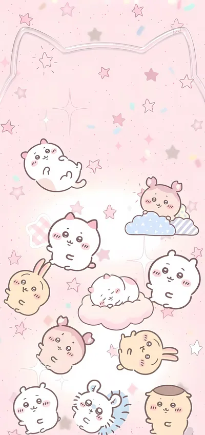 可愛吉伊卡哇與烏薩奇趴在粉紅星空雲朵上的夢幻圖案手機高畫質桌布
