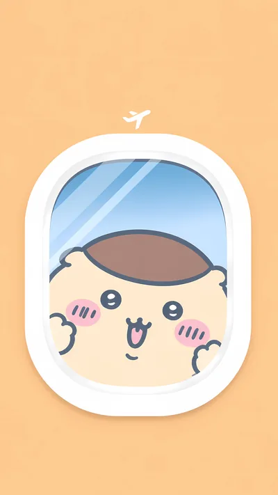 吉伊卡哇中的栗子饅頭興奮地趴在飛機窗戶旁看風景的可愛手機桌布