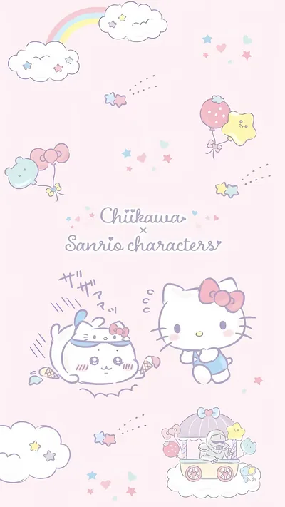 吉伊卡哇小八與Hello Kitty三麗鷗聯名粉色夢幻手機高畫質桌布