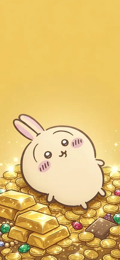 烏薩奇躺在閃耀金幣與金條堆中的可愛手機桌布