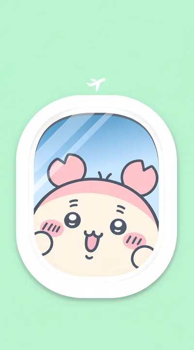 吉伊卡哇可愛古本趴在飛機窗前看風景的綠色治癒系手機高畫質桌布