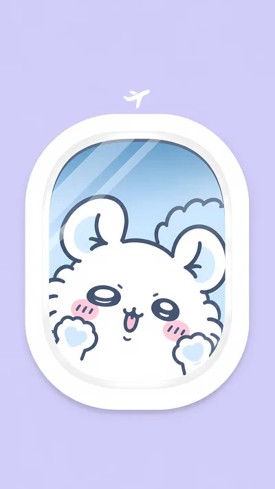 吉伊卡哇可愛小桃趴在飛機窗戶旁看著藍天白雲與晴空的療癒手機桌布