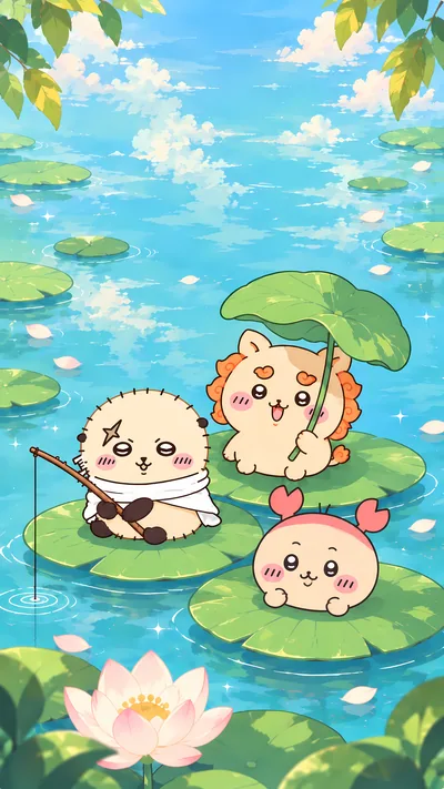 吉伊卡哇海獺師傅、獅薩與古本在清澈荷塘葉子上釣魚的手機桌布