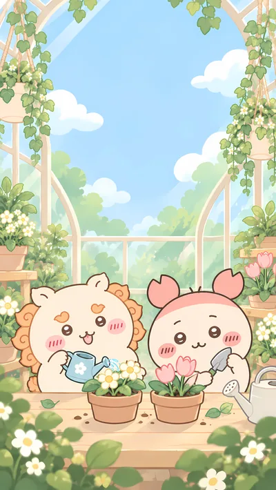 獅薩與古本在陽光明媚的溫室花園裡快樂澆花做園藝的可愛手機桌布