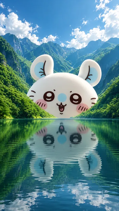 吉伊卡哇小桃在高山湖泊水面上展現清晰倒影的可愛自然風景手機背景圖
