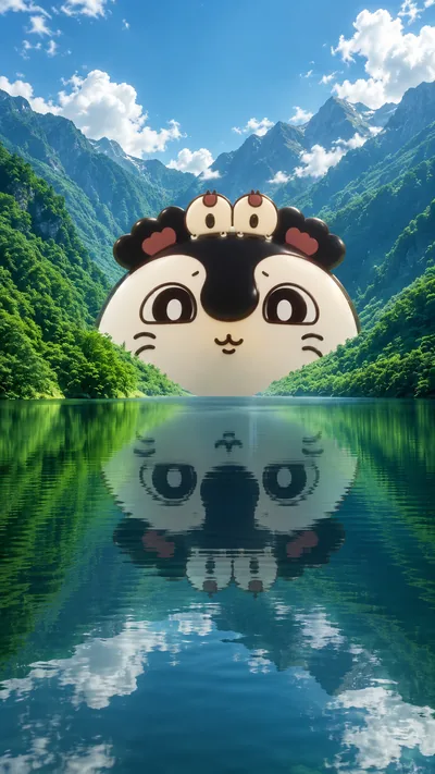 吉伊卡哇小桃巨型可愛臉龐倒映在壯麗高山湖泊水面上的手機桌布