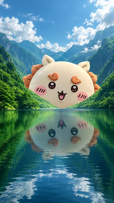 吉伊卡哇獅薩飄浮在綠意盎然的峽谷湖面上與清晰水面倒影手機桌布