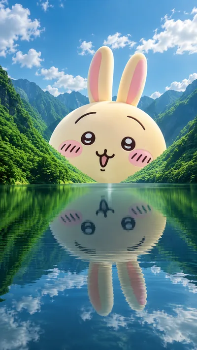 烏薩奇巨大臉龐浮現在美麗山水湖泊倒影中的手機背景圖