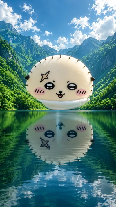 海獺師傅巨型頭像漂浮於青山綠水湖面上空呈現出清晰倒影的手機桌布