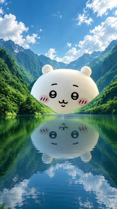 可愛巨型吉伊卡哇漂浮於美麗高山湖泊與精緻水面倒影的手機背景圖