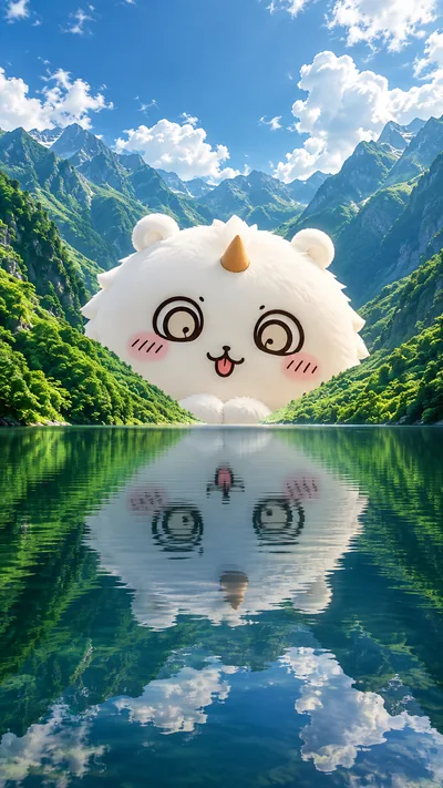 Cute giant Chiikawa character reflected in a mountain lake for Phone Wallpaper