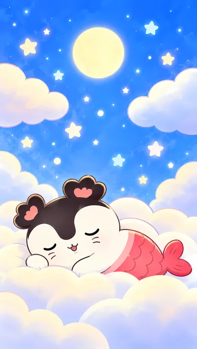Cute Siren sleeping peacefully on clouds under starry sky for Phone Wallpaper