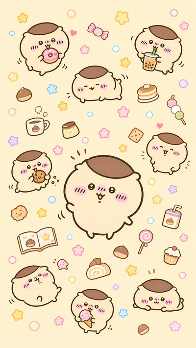 Cute Kurimanju pattern with sweet desserts, boba tea and donuts for Phone Wallpaper