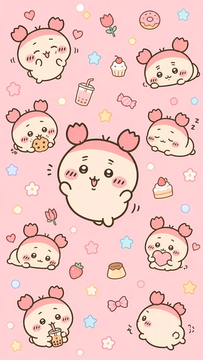 Cute pink Furuhonya pattern with boba tea and sweets Wallpaper for Phone