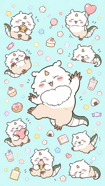 Cute Chiikawa character eating sweets and cookies pattern for Phone Wallpaper