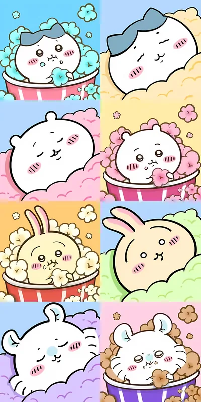 Cute Chiikawa, Hachiware, Usagi eating colorful popcorn for Phone 4K Image