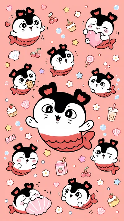 Cute Chiikawa Siren mermaid pattern with sweets aesthetic for Phone Wallpaper