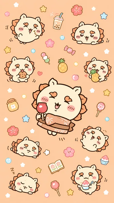 Cute Chiikawa Shisa eating delicious sweets and boba tea pattern for Phone Background