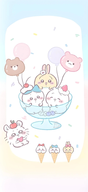 ちいかわ、うさぎ、モモンガがアイスクリームと風船で - png