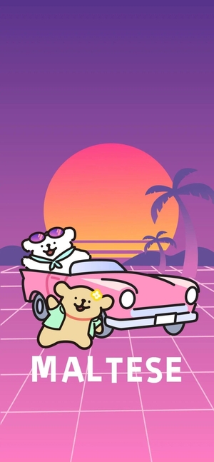ちいかわキャラクターがピンクのオープンカーで夕日のビーチ - 壁紙