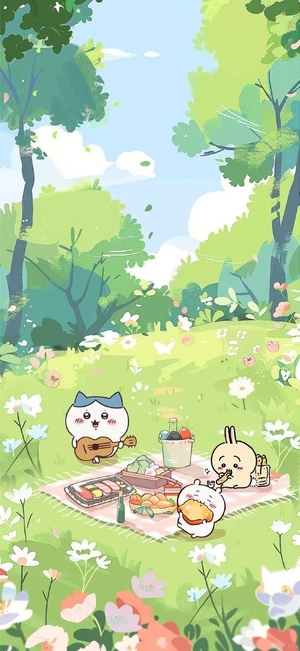 ちいかわ、ハチワレ、うさぎが森でピクニック - 壁紙