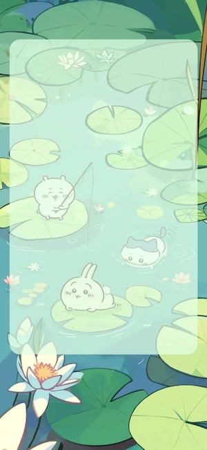 ちいかわ、ハチワレ、うさぎが蓮の池で遊ぶ - pngモバイル壁紙