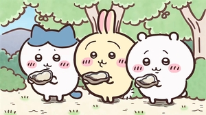 ちいかわ、ハチワレ、うさぎが森でカキを食べている - pngモバイル壁紙
